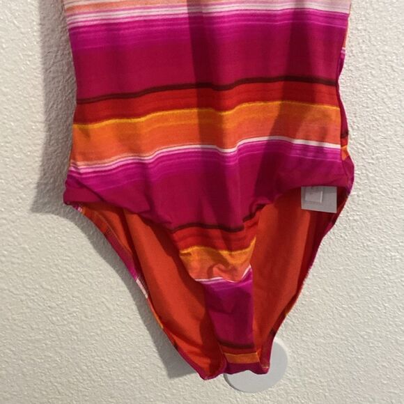 NWT- TRINA TURK-Solstice Stripe (pink/orange/red) Plunge Swimsuit-Size 10 - Picture 6 of 12